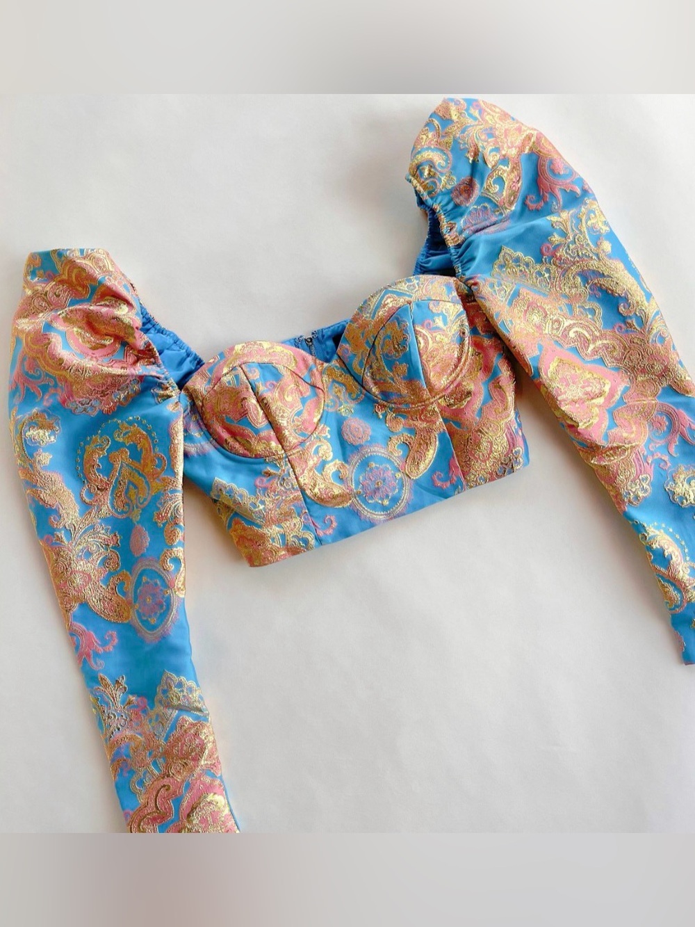 New Vintage-Inspired Turquoise & Gold Metallic Brocade Puff Sleeve
Crop Top